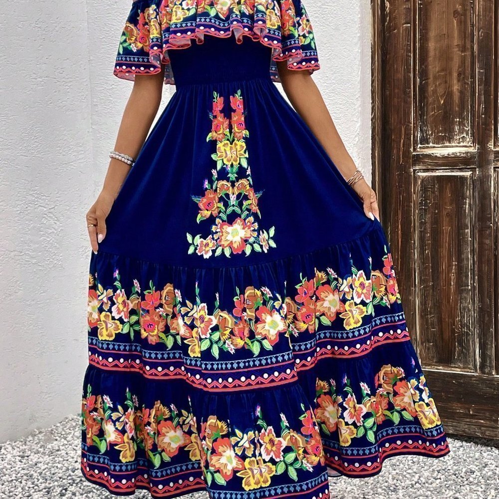 Blue Casual Womens Off-Shoulder Floral Printed Dress - Picture 3 of 5